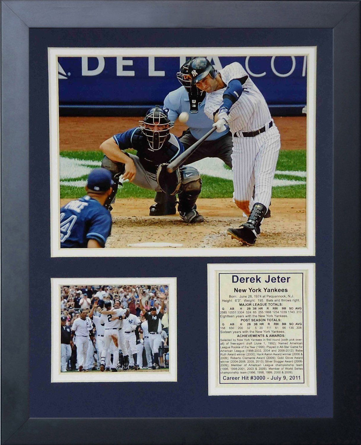 Derek Jeter New York Yankees 11x14 Framed 8x10 Photo 3,000th Hit Stats