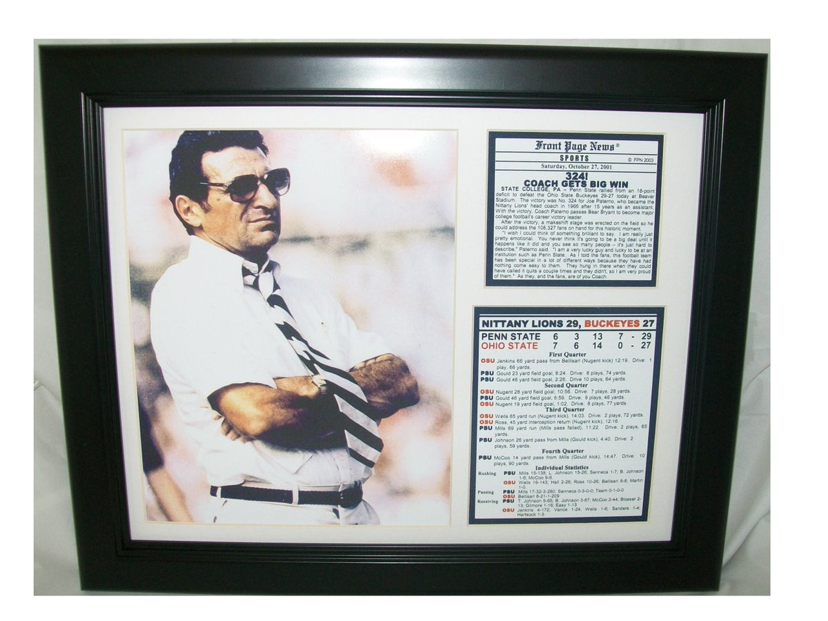 Joe Paterno 324th Win Penn State October 27, 2001 Framed 11x14 Photo