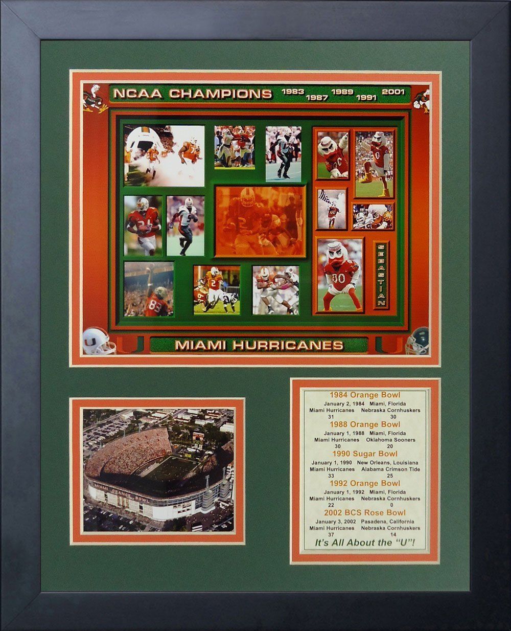 Miami Hurricanes NCAA National Champions 11x14 Framed Photo 1984 1988 1990
