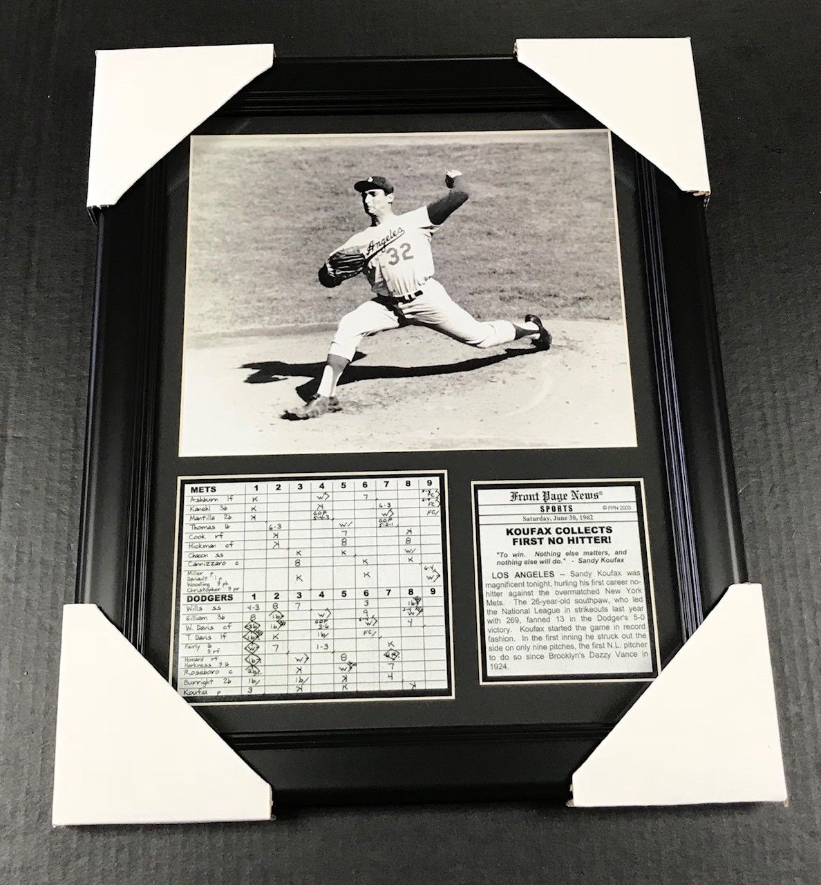 Sandy Koufax No Hitter 11x14 Framed Photo Scorecard