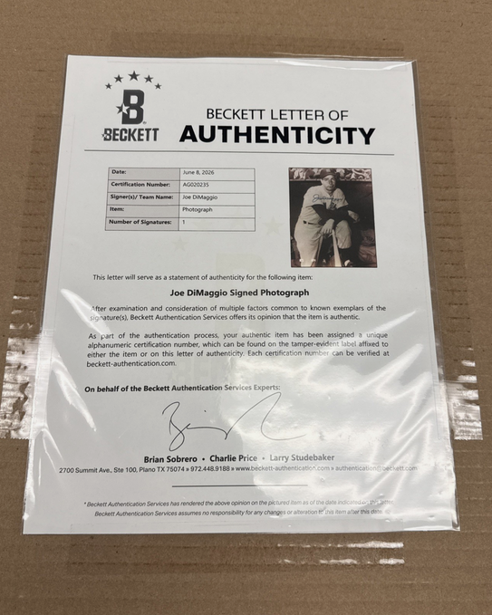 Joe DiMaggio New York Yankees Autographed Framed 11x14 Photo Beckett Letter Coa