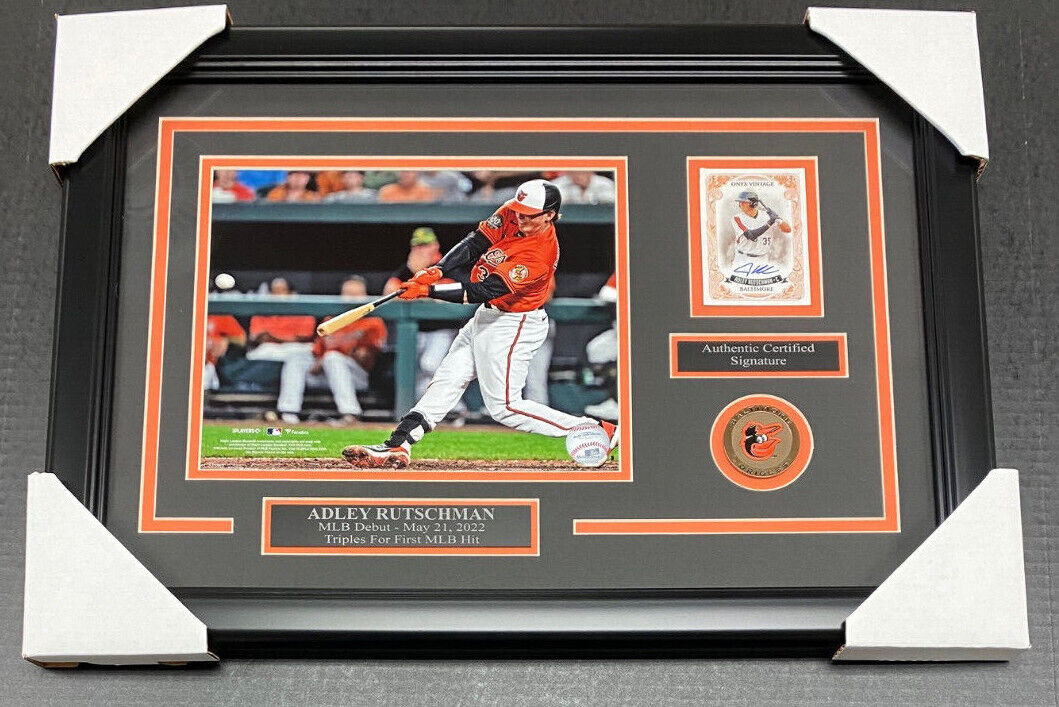 Adley Rutschman Orioles 1st Hit Autographed Card with 8x10 Photo Framed