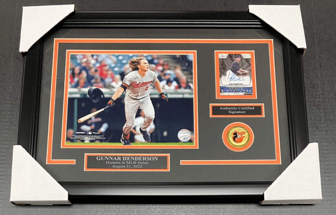 Gunnar Henderson Autographed Card Baltimore Orioles Framed with 8x10 First Home Run Photo
