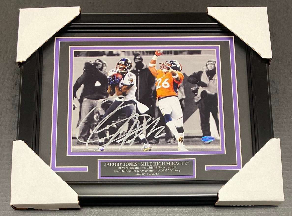 Jacoby Jones Autographed 8x10 Mile High Miracle Photo Ravens Framed
