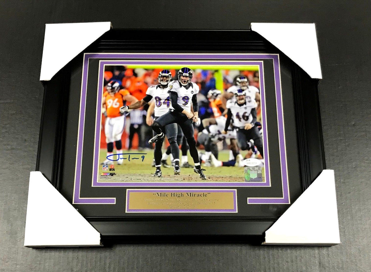 Justin Tucker Autographed 8x10 Mile High Miracle Photo #1 Ravens Framed