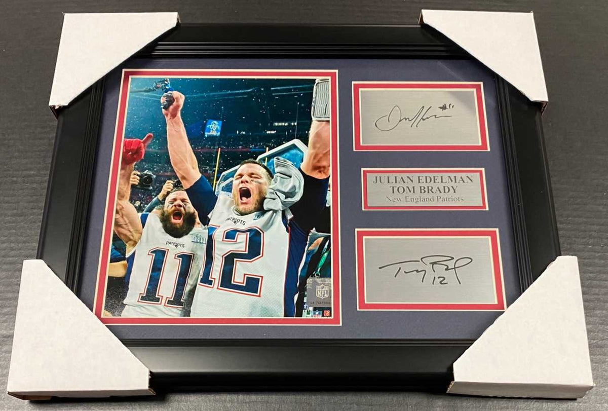 Tom Brady Julian Edelman Patriots Autographed Laser Reprint Framed 8x10 Photo