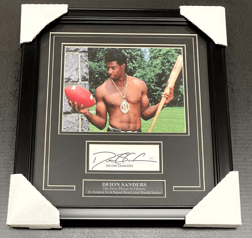 Deion Sanders No Shirt Baseball Football Autographed Cut with 8x10 Photo JSA COA