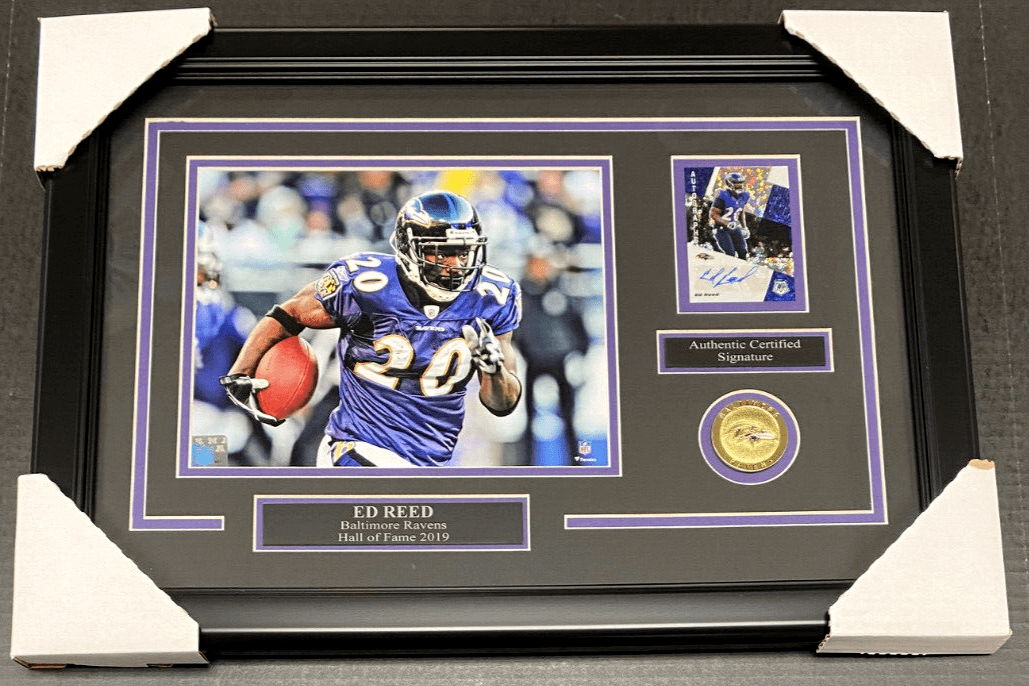 Ed Reed Baltimore Ravens Autographed Card with 8x10 Photo Framed