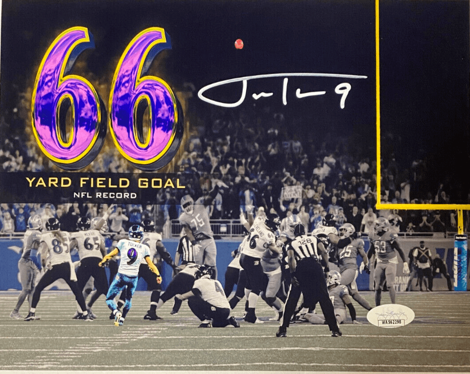 Justin Tucker 66YD Field Goal Autographed 8x10 Photo Baltimore Ravens JSA COA