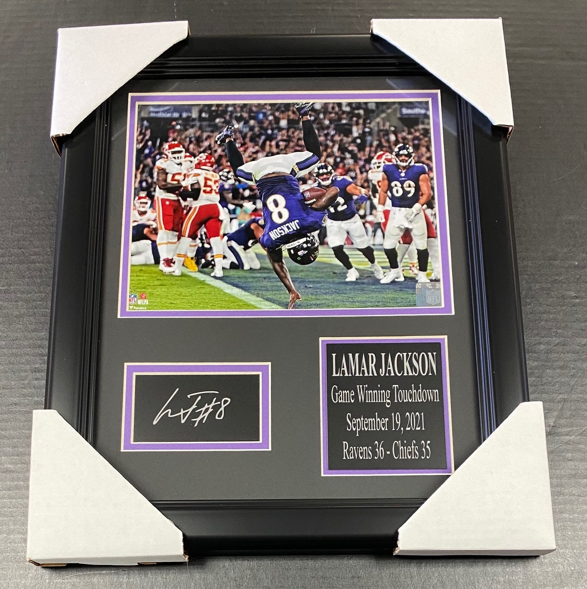 Lamar Jackson Baltimore Ravens Flip GW Touchdown Autographed Facsimile Framed 8x10 Photo