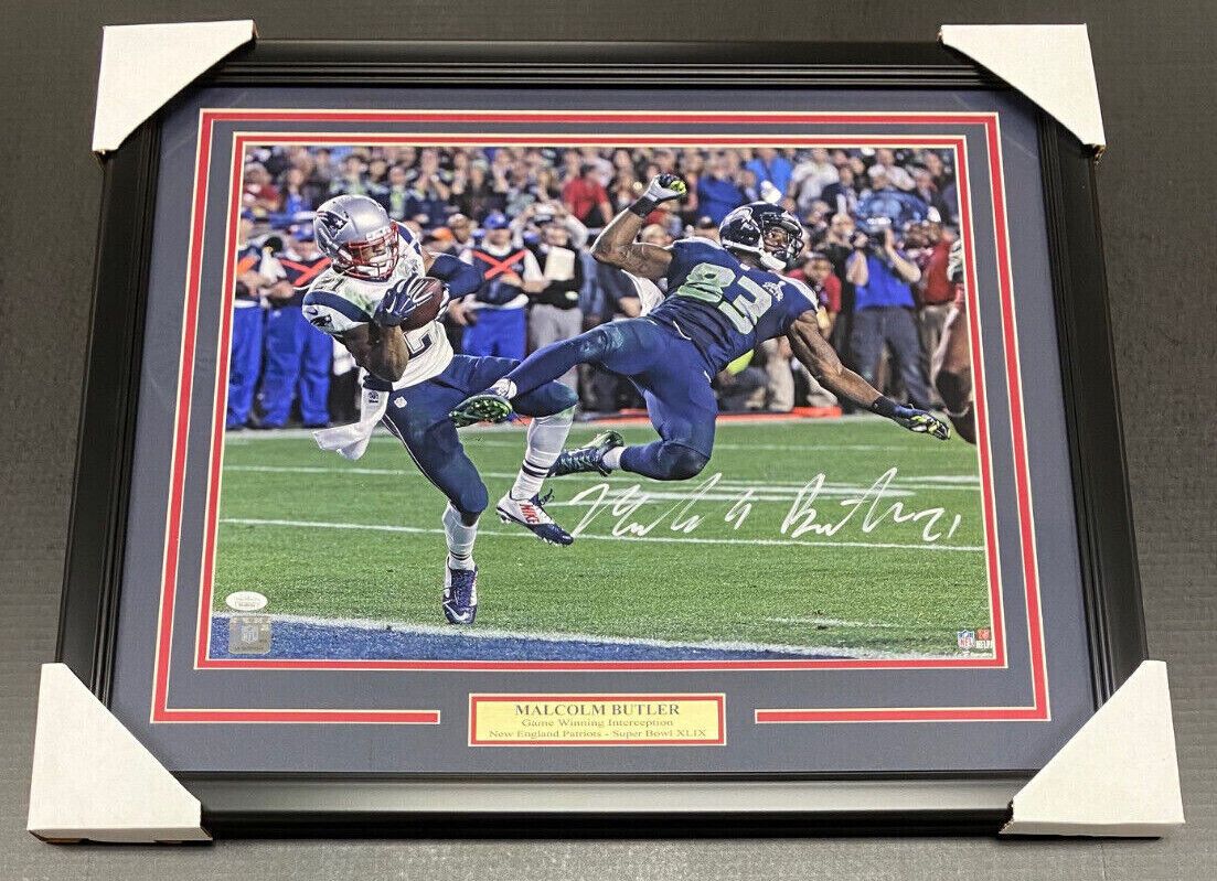 Malcolm Butler Autographed Super Bowl XLIX Interception Patriots 16x20 Photo Framed