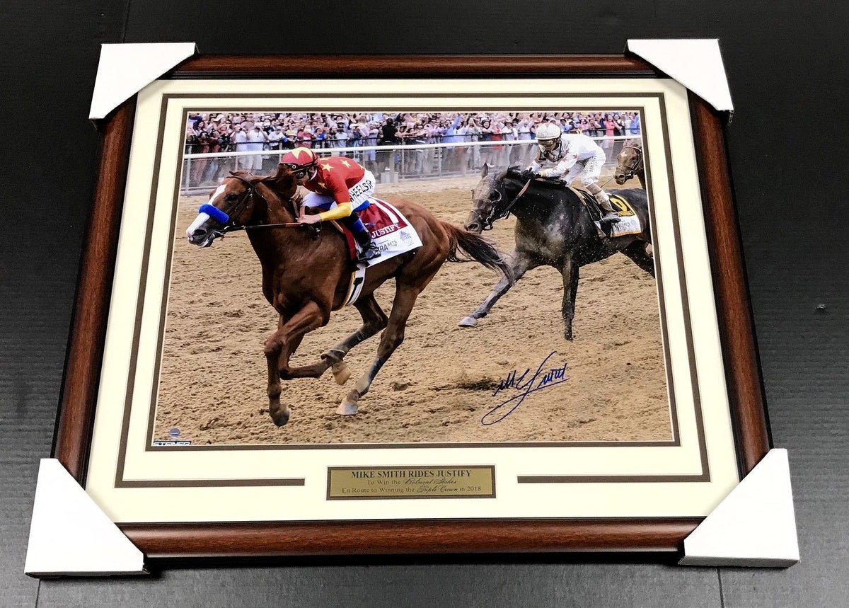 Mike Smith Autographed Justify Belmont Triple Crown Framed 16x20 Photo