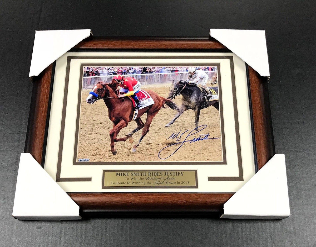 Mike Smith Autographed Justify Belmont Triple Crown Framed 8x10 Photo