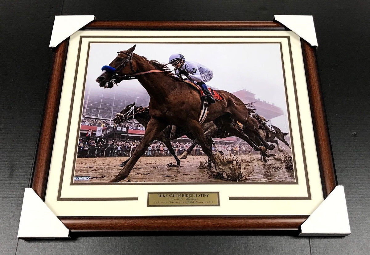Mike Smith Unsigned Justify PREAKNESS Triple Crown Framed 16x20 Photo Steiner