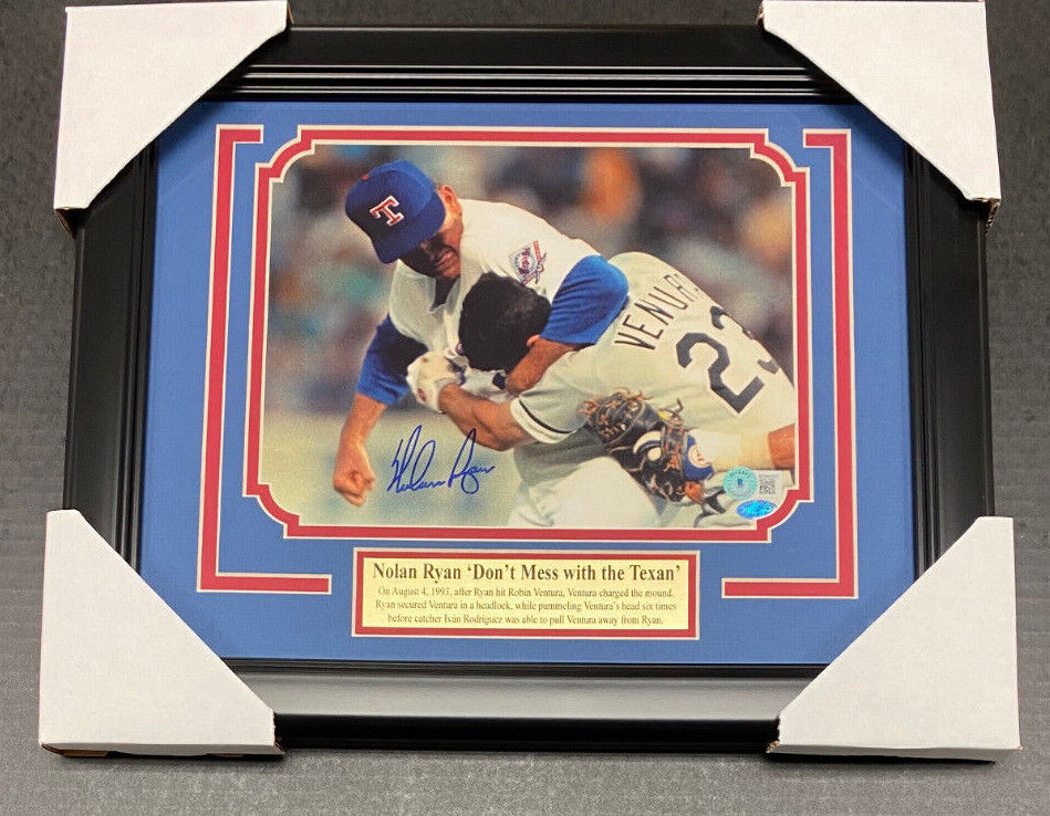 Nolan Ryan Fight Signed Autographed Rangers 8x10 Photo Framed BAS Beckett COA