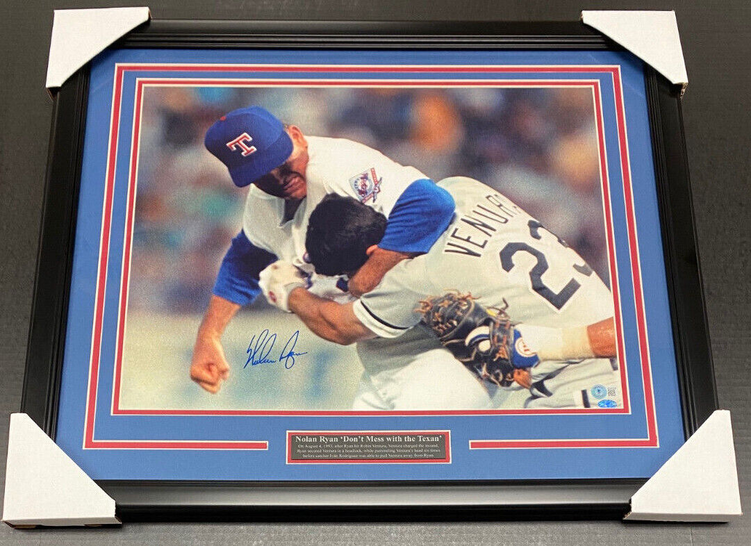 Nolan Ryan Rangers Fight Signed Autographed 16x20 Photo Framed BAS Beckett COA