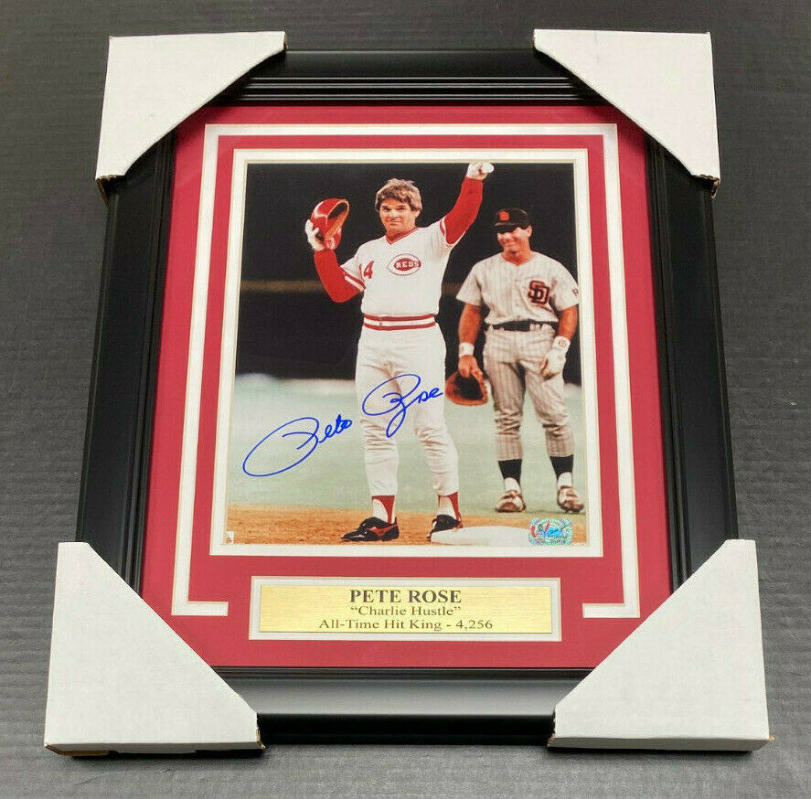 Pete Rose Autographed 8x10 Photo #1 Hit King 4,256 Framed