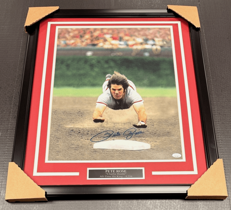 Pete Rose Reds Autographed 16x20 Dive Photo Framed JSA COA