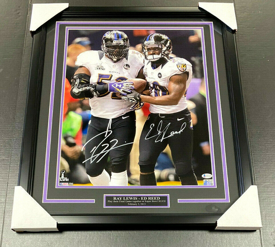 Ray Lewis Ed Reed Ravens SB XLVII Signed Autographed 16x20 Photo Framed BAS COA