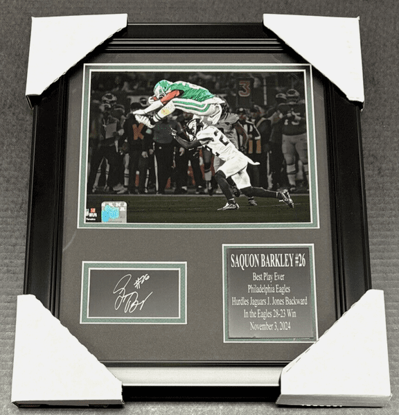 Saquon Barkley Eagles Hurdle Laser Engraved Autograph Facsimile Framed 8x10 Photo