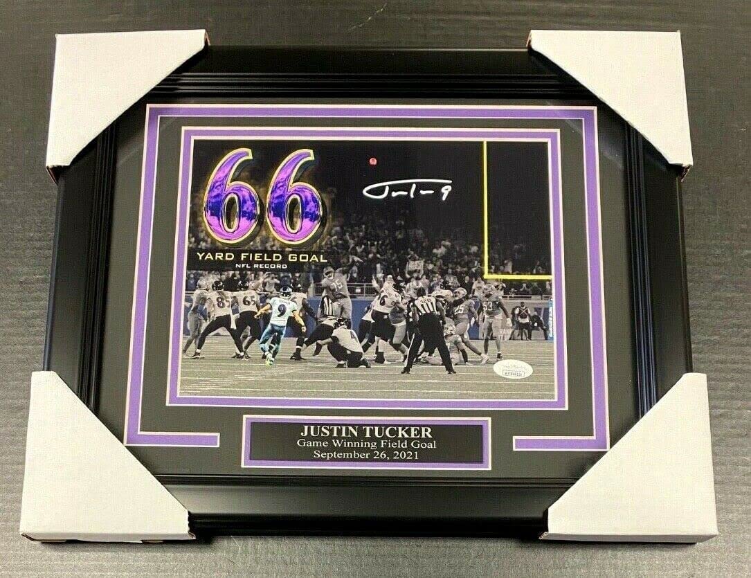 Justin Tucker 66 Yard FG Autographed 8x10 Photo Baltimore Ravens Framed JSA COA